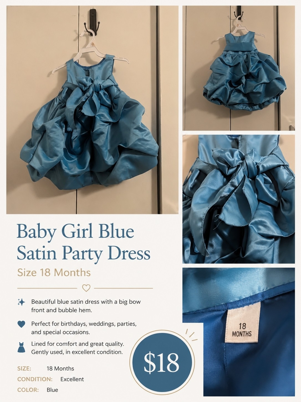 Blue Satin Baby Girl Party Dress with Bow - 18 Months